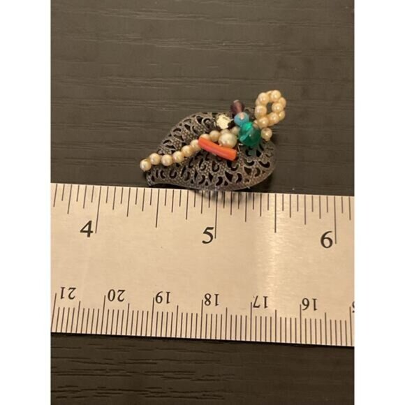 Vintage Ornate Heart-Shaped Brooch With Beads & Stones - Picture 3 of 4